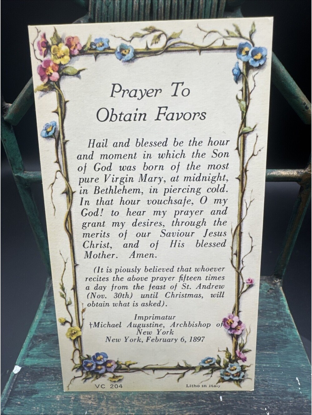 VTG New Holy Card Prayer Poem Obtain Favors Prayer VC 204 Lito Italy HTF RARE